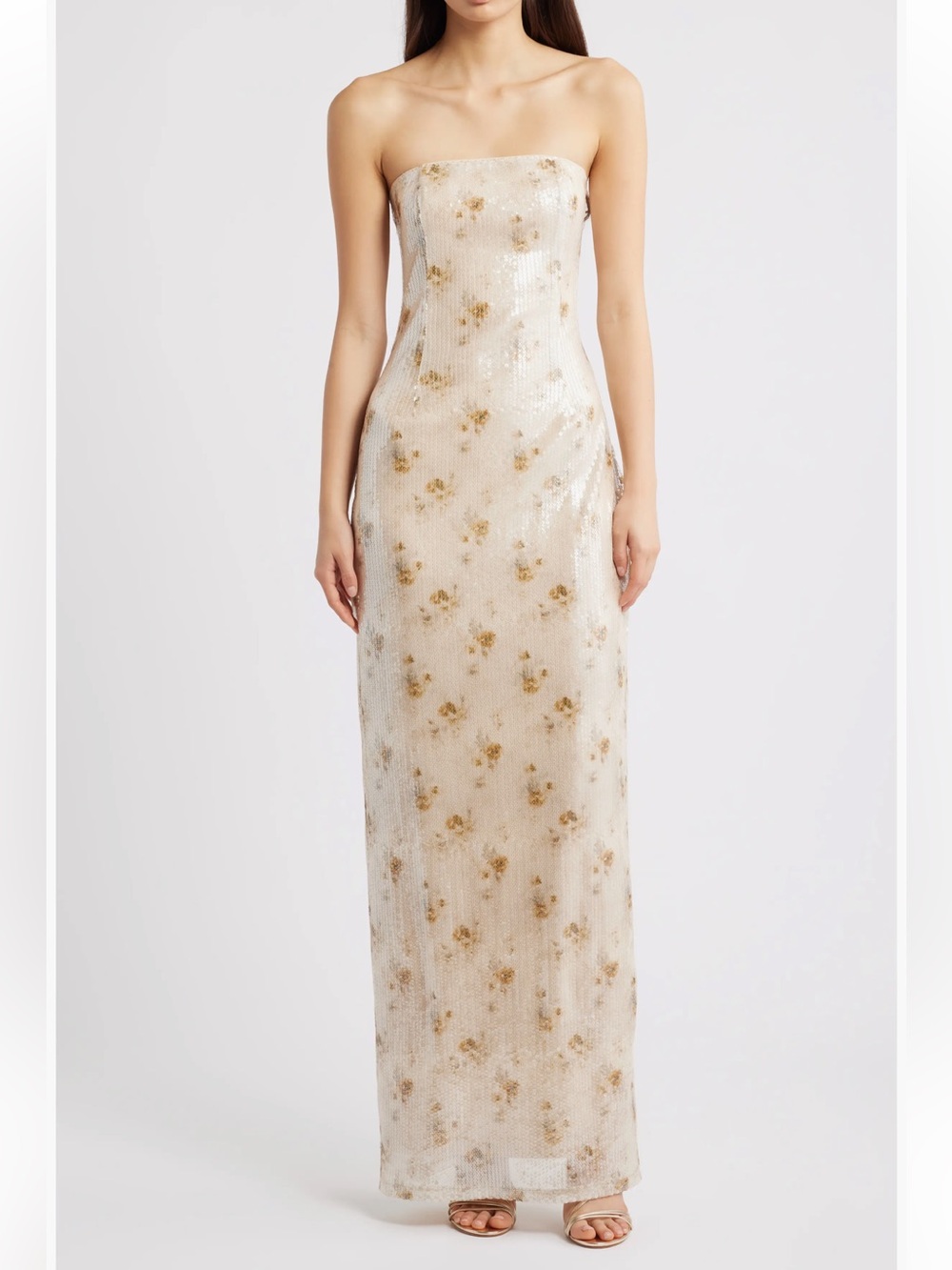 NWOT Lulu's Afton Sequin Strapless Gown in natural floral shift Maxi sparkle XL